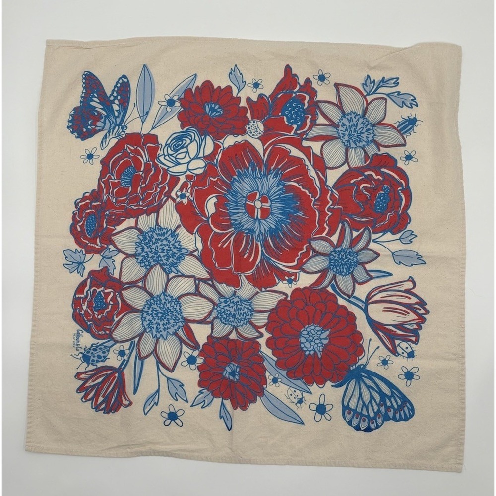Calhoun & Co Floral Tea Towel Red Blue Butterfly Anthropologie Cottagecore 27x26